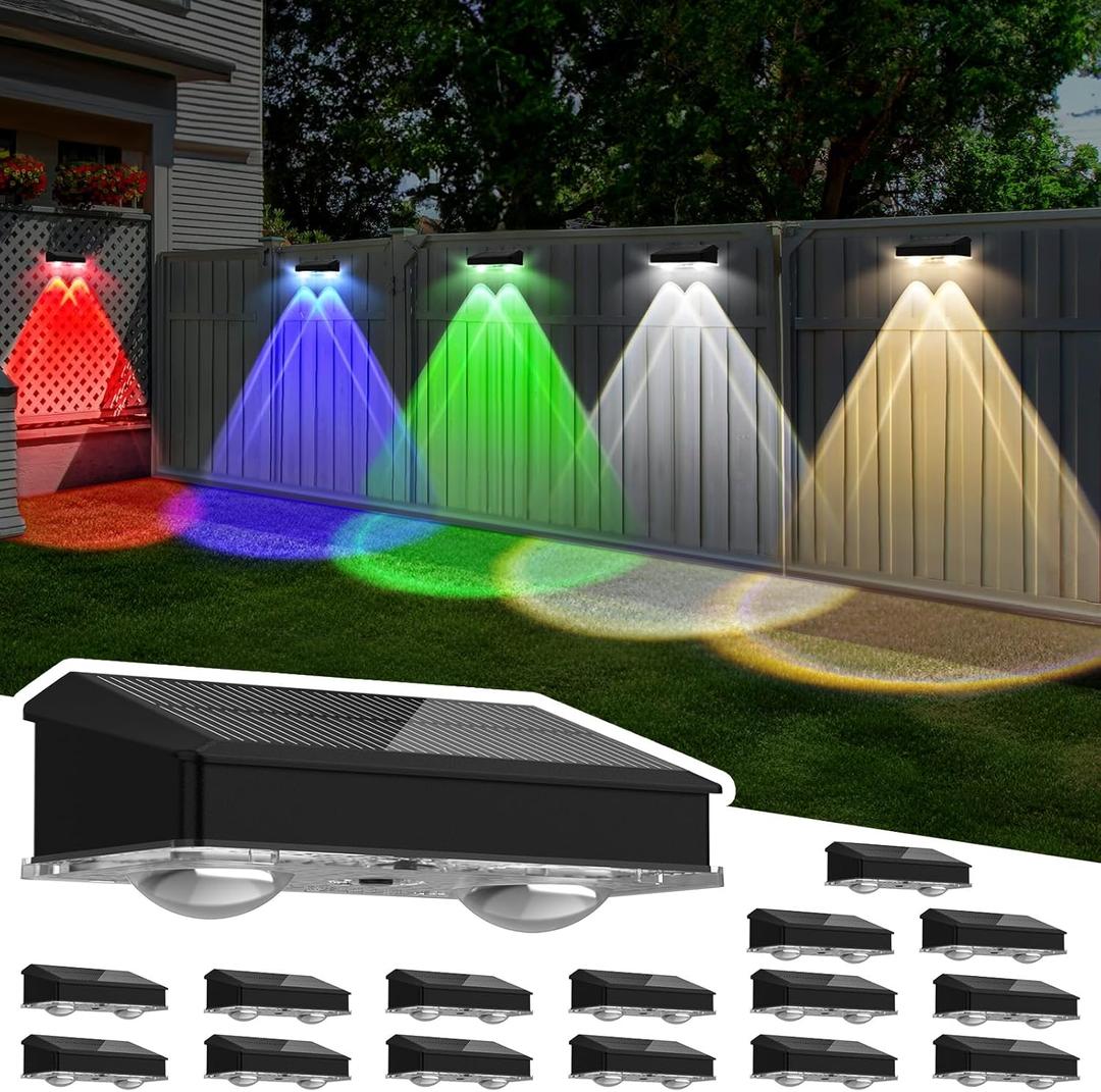 Solar Fence Lights Outdoor 16 Pack, Warm White & Cool White & 6 Colored+RGB Color Changing, High Bright LED Spot Lens Deck Lights Dusk to Dawn for Backyard Stair Railing Patio Wall, IP65 Waterproof