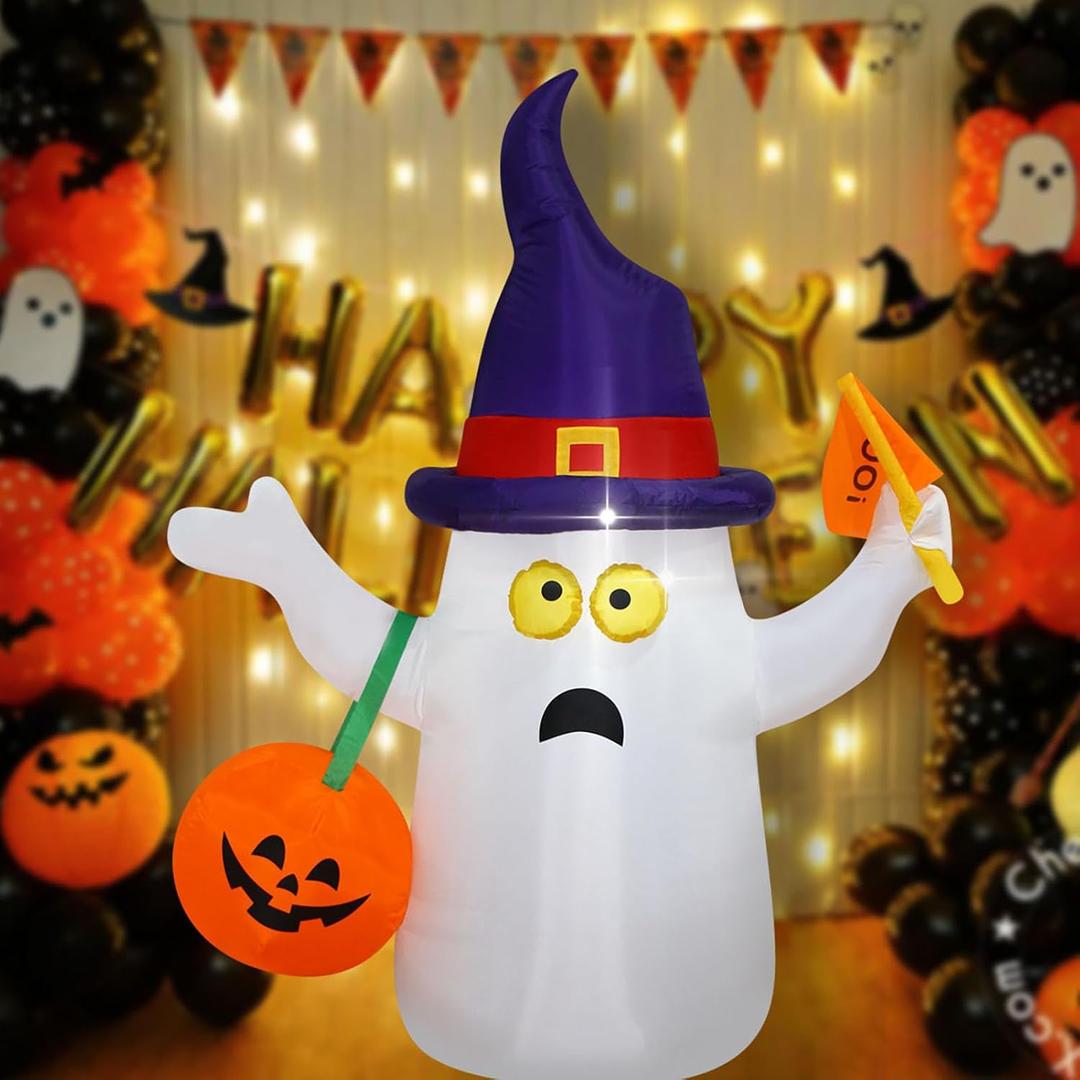 Halloween Inflatable Ghost Holds Pumpkin Jack-o'-Lantern Wear Witch Hat Lighted Interior Outdoor Blow-up Halloween Holiday Garden Yard Lawn Garden Decoration with Built-in Fan and Anchor Ropes