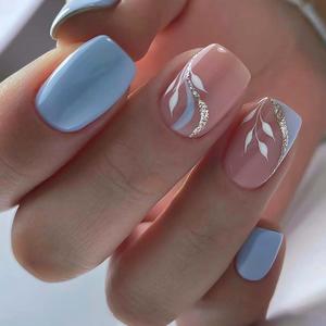 RikView Square Press on Nails Medium Acrylic Nails Blue Nails Glossy Nails for Women 24 PCS