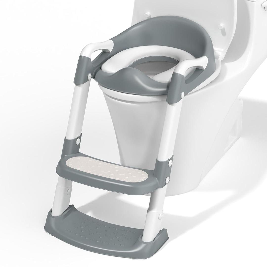 COOSEYA Potty Training Toilet with Step Stool Ladder, Toddler Kids Potty Training Seat for Boys Girls, Foldable Anti-Slip Toilet Toddler Seat Splash Guard Soft Cushion Safety Handles (Grey) (Gray)