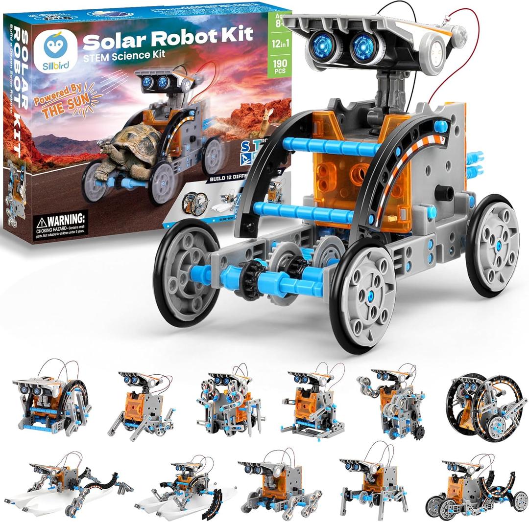 Sillbird 12-in-1 Solar Robot Building Kit STEM Gift for Boys Aged 8-13, DIY Science Educational Robotic Toys for Kids Teens Birthday, Powered by the Sun with 190 Pieces (12in1-blue Grey)