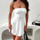 Women Sexy Tube Top Silk Dress Strapless Ruched Basque Waist Ruffle Layer Mini Dress Jumpsuit Party Dresses (White, M)
