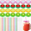 Dandat 52 Pcs Metal Regular Mouth Mason Jar Lids with Straw Hole Striped Plastic Straws Cleaning Brushes Fruit Pattern Decoration Lids Decorative Mason Jar Covers for Drinking Party Favor Canning Jars