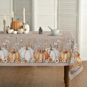 Horaldaily Fall Tablecloth 60×104 Inch Rectangular, White Orange Pumpkin Autumn Harvest Grain Washable Seasonal Table Cover for Party Picnic Dinner Decor