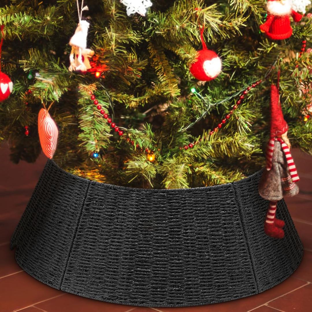 PullCrease 28 Inch Christmas Tree Collar, Natural Woven Xmas Tree Ring, Farmhouse Paper Rope Xmas Pine Skirt Holiday Rustic Base Cover for Christmas Greenery Decorations (Black)