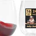 JOLLY CHEF 24 Pack 16oz Plastic Wine Glasses Stemless, Disposable Wine Cups, Premium Quality, Recyclable, Unbreakable, Ideal for Wedding, Birthday, Party, Christmas