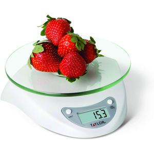 Taylor Digital Kitchen Scale with Glass Platform, Tare Button, and Plastic Body Weighs up to 11 Pounds Capacity, White