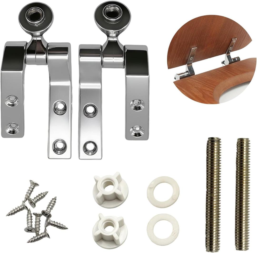 Universal Toilet Seat Hinges Replacement Kit - Chrome-Plated Metal Hinge Set with Bolts, Screws, Nuts for Most Wooden Toilet Seats - Easy Install Bathroom Hardware Fittings