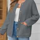 Saodimallsu Women's Chunky Knit Cardigan Button Down Crewneck Long Sleeve Cropped Sweater with Pockets (L)
