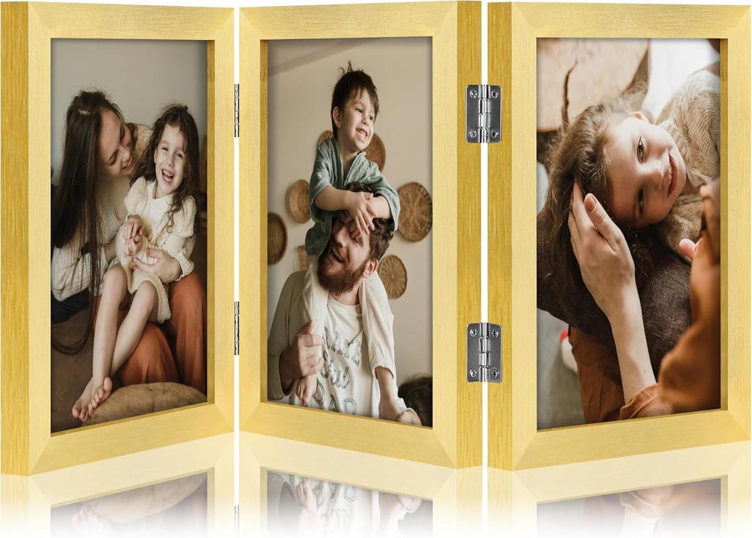 decorUhome Triple 5x7 Picture Frame Vertical, Engineered Wood Trifold Photo Frame with Plexiglass for Tabletop Display, 5x7, Gold