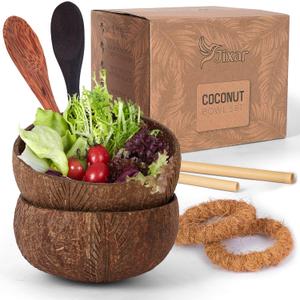Coconut Bowl Set with Wooden Spoons  Eco-Friendly, Natural Coconut Bowls for Smoothie, Acai, Fruit, and Salad  Perfect Decorative and Serving Bowls