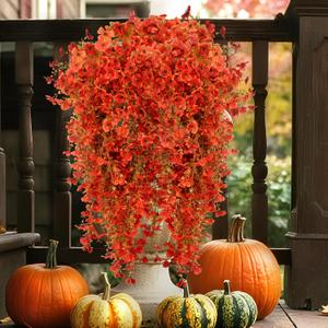 Artificial Hanging Fall Flowers for Outdoors, No Fade Faux Daisy with Eucalyptus Leaves, UV Resistant Fall Mums for Pot, Garden,Thankgiving Days, Home Decor (Orange Red, 4 Bundles+4 Hangings)