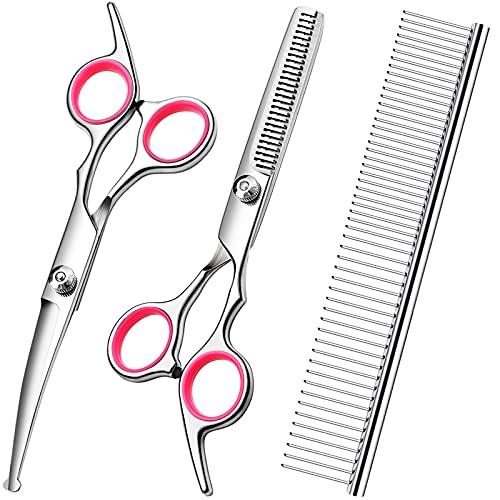 FAIGEO Dog Grooming Scissors with Safety Round Tips Stainless Steel Professional Dog Grooming Kit - Thinning, Curved Scissors and Comb for Cat Pet (Pink 4 in 1)
