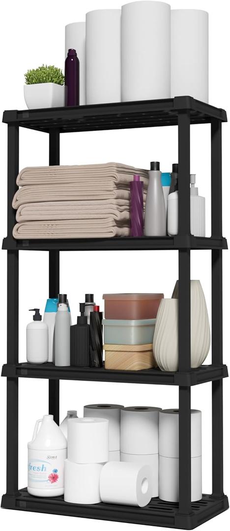 IRIS USA 4-Shelf Light Duty Plastic Storage Shelves, 200lb Capacity, 48"H x 24"W x 12"D, Medium Modular Shelving Unit Storage Organizer for Bathroom, Laundry, Garage & Home, Storage Rack - Black