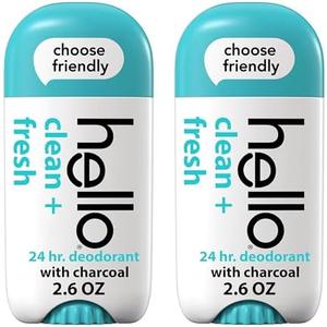 hello Clean and Fresh Aluminum Free Deodorant for Women and Men with Charcoal, 24-Hour Freshness, Baking Soda Free Deodorant, Dermatologically Tested, 2.6 oz Stick (2 Pack)