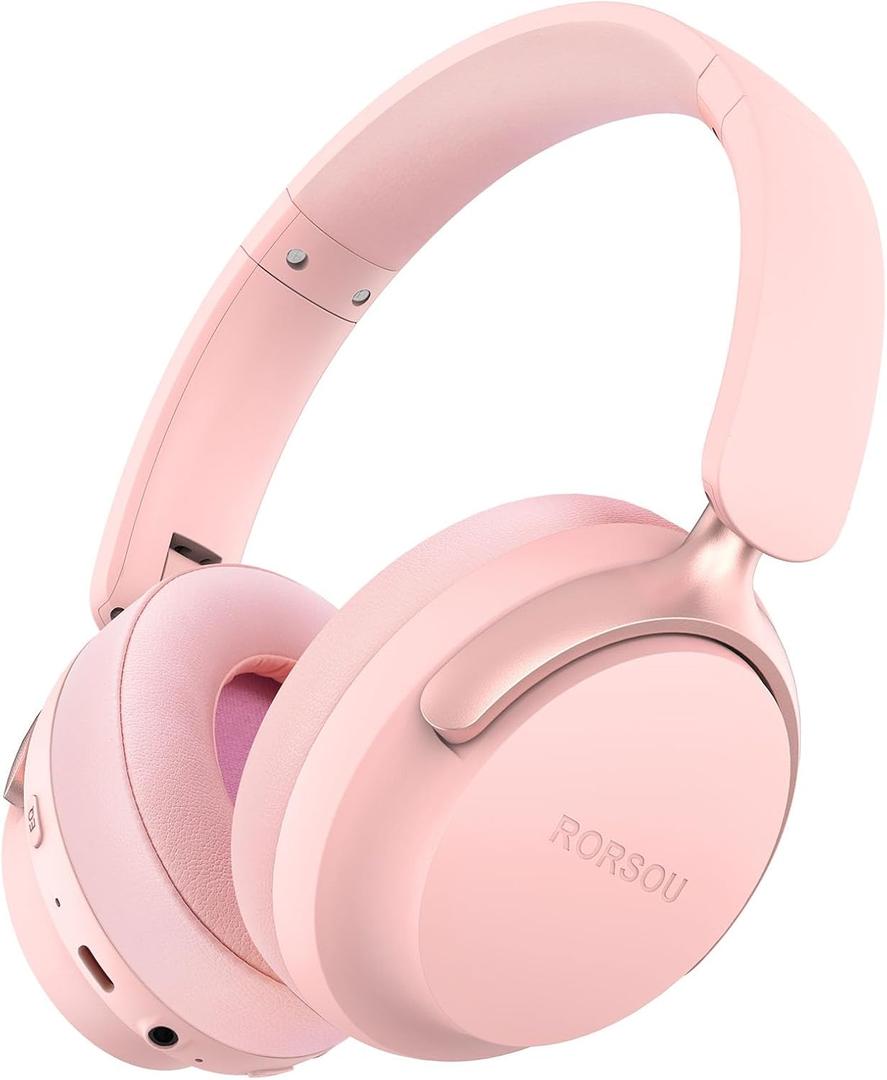 RORSOU B8 Bluetooth Headphones Over Ear, 6 EQ Music Modes and 50H Playtime Deep Bass Wireless Headphones with Mic, Lightweight Folding HiFi Stereo Headset for iPad/Travel/Tablet/PC/Home Pink
