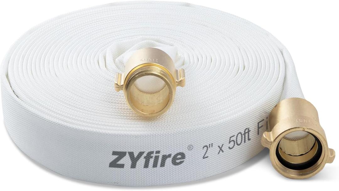 ZYfire Fire Hose - 2" ID x 50 FT Single Jacket TPU Firefighter Hose with M  F NST/NH Brass Couplings 750 PSI Burst Pressure Lightweight for Use in Firefighting