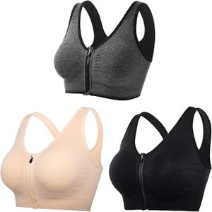 Women's Zip Front Sports Bra, Wireless Breathable Closure Underwear for Active Running Gym Workout Yoga High Impact Bras XL, 2 Pack(Gray, Beige)