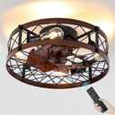 Flush Mount Caged Ceiling Fans with Lights, 20" Enclosed Low Profile Ceiling Fan with Light and Remote, Farmhouse Ceiling Fan 6 Speed Reversible Quiet Small Bladeless Ceiling Fans for Bedroom Kitchen (Walnut)