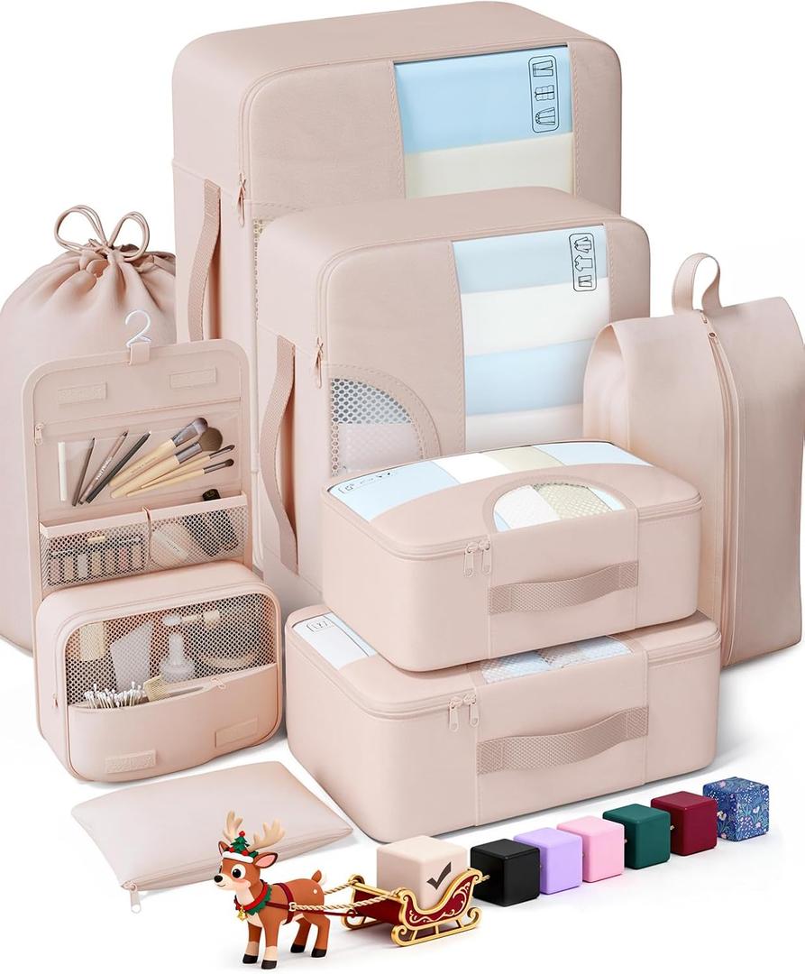Veken 8 Set Packing Cubes for Travel, Birthday Gifts for Women Mom Her, Cruise Ship Essentials Accessories for Beach Vacation, Suitcase Organizer Bags for Luggage with Hanging Toiletry & Shoe Bag (Dutch Cream)