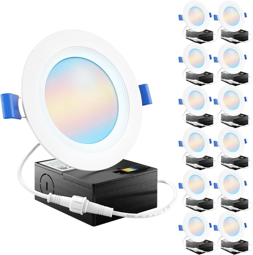 Sunco 12 Pack 4 Inch Recessed Lights, LED Baffle Trim, Selectable CCT 2700K/3000K/4000K/5000K/6000K Dimmable 10W, Canless with Junction Box
