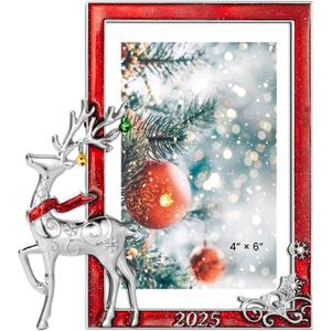 Unicadecor Casa 2025 Christmas Metal Picture Frame | 4x6 / 5x7 Holiday Premium Frame with Snowflake & Festive Designs | Elegant Home Dcor & Christmas Gift Choice (Deer-Red)