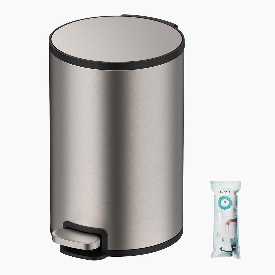 ANCALL Small Trash Can with Lid, 12L / 3.1 Gallon Bathroom Garbage Can with Foot Pedal, Stainless Steel Round Wastebasket for Bathroom, Bedroom, Office