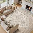10x12 Washable Area Rug, Large Rugs for Living Room Stain Resistant Non Slip Backing Soft Low Pile Vintage Carpet for Bedroom Dining Room Kid & Pet Friendly Home Decor - Beige