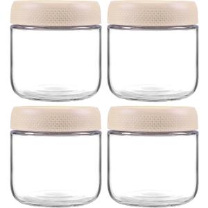 4 Pack Glass Clear Storage Canister with Airtight Lid, 12oz Overnight Oats Containers, Small Cute Decorative Pantry Jar for Snacks, Yogurt, Cereal, Fruit, Salad, Spice, Sugar, Coffee - Beige