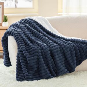 INFIIXSO Sherpa Throw Blanket for Couch - Super Soft & Warm Striped Fleece Blanket, Cozy Plush Fluffy Blanket All Season Use (Navy Blue, 50x60 Inches)