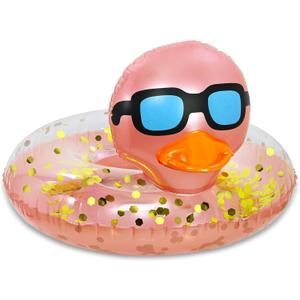 POZA Inflatable Duck Pool Float Tube- Heavy Duty Vinyl UV Resistant Confetti Pool Duck Floatie, Animal Pool Float Swim Ring Pool Inflatables for Kids and Adults for Beach, Party, Vacation (Rose Gold)