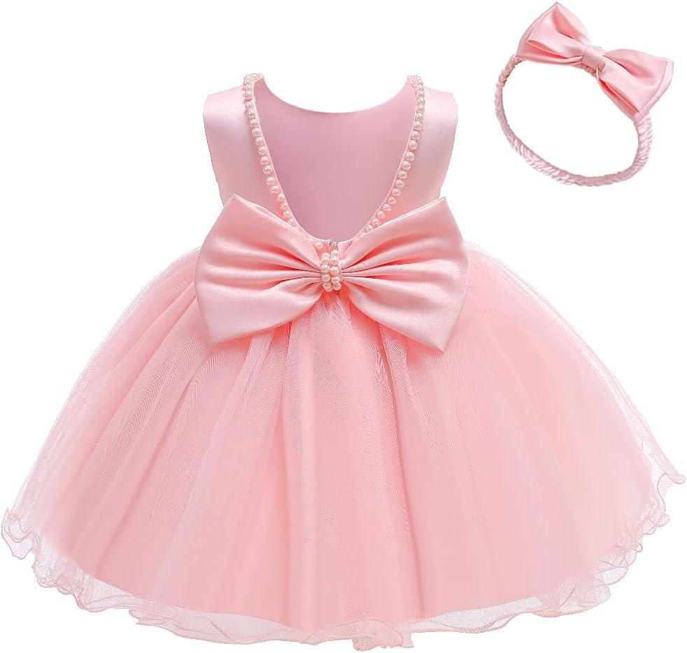 NSSMWTTC 6M-6T Baby Backless Pageant Dress Toddler Girls Tutu Gown Flower Dresses with Headwear (18-24 Months, Pink)