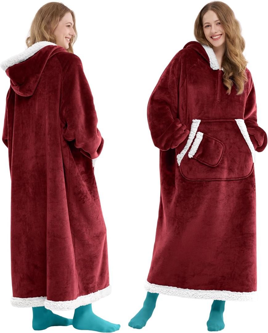 Giggling Getup Wearable Blanket Hoodie for Women Men Gifts for Women Mom Wife Sherpa Fleece Long Hooded Blanket Sweatshirt Cozy Sherpa Wearable Throw with Pocket & Sleeves for Adult Standard Burgundy