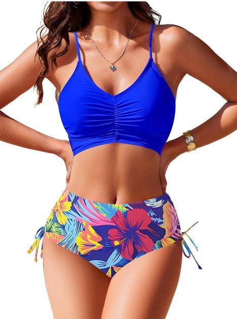 AI'MAGE Women's High Waisted Bikini Sets Tummy Control Swimsuits Front Ruched Two Piece Drawstring Bathing Suit, L