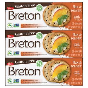 Breton Gluten Free Flax & Sea Salt Crackers (Pack of 3) - Non-GMO, Plant-Based, For Snacking, Dips, Cheese and Spreads, 3x4.76oz (EXP 11/15/25)