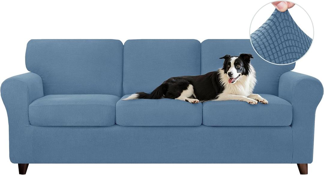 CHUN YI 7 Piece Sofa Covers for 3 Cushion Couch Covers, 3 Seater Stretch Couch Slipcover with 3 Separate Backrests and Cushions, Anti-Slip Washable Furniture Protector for Dogs Pets(Large,Denim Blue)