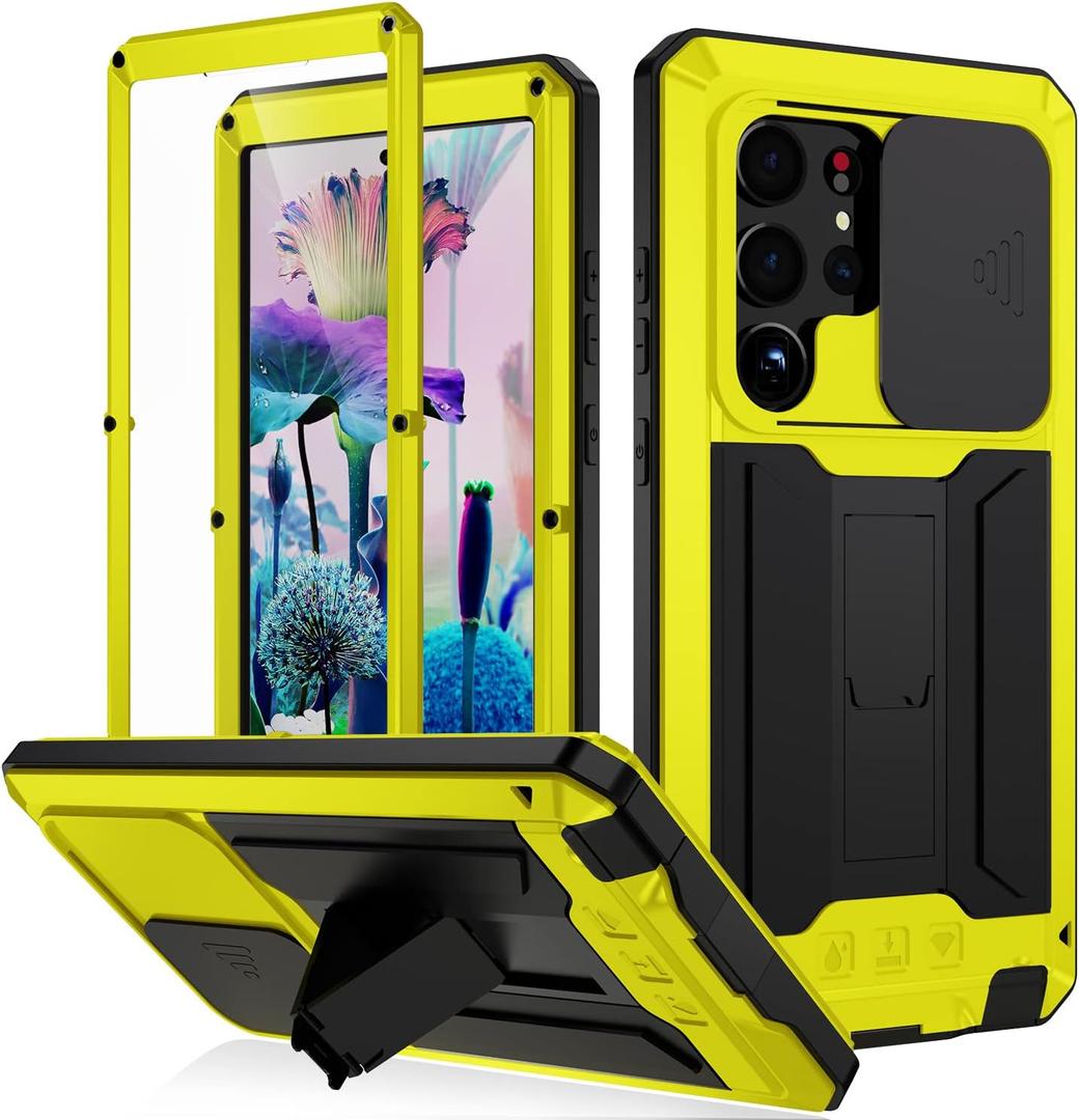 Samsung S23 Plus Case with Screen Camera Protector Kickstand, Samsung S23 Plus Rugged Military Metal Heavy Duty Case with Stand Screen Protector Slide Camera Cover for Man Outdoor (Yellow)