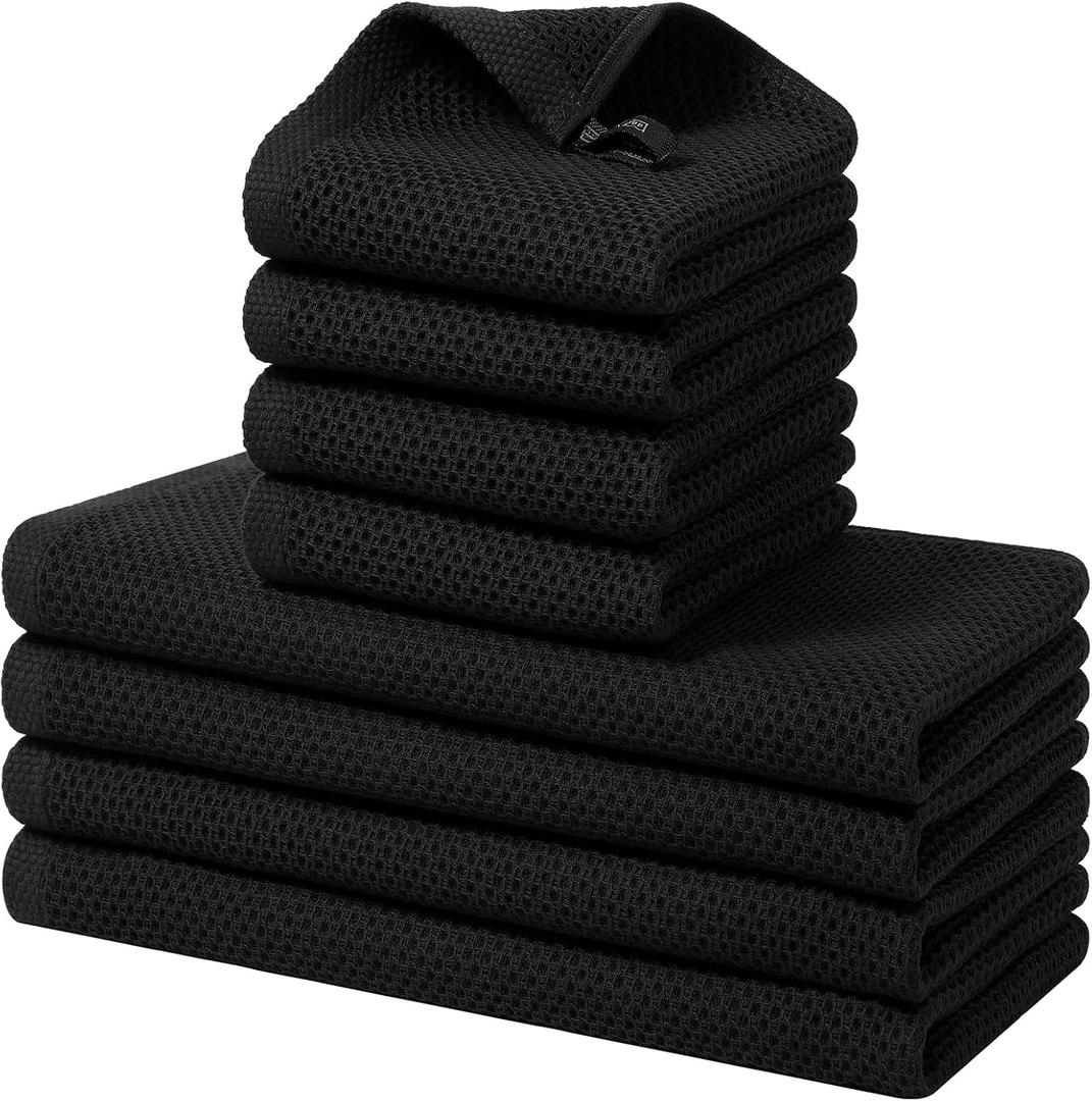 Kitinjoy 100% Cotton Kitchen Towels and Dishcloths Set, 8 Pack-13" x 28" and 12" x 12" Waffle Weave Dish Towels, Ultra Soft Absorbent Quick Drying Dish Rags, Black