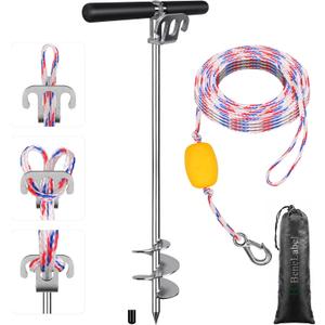BeneLabel 17" 26" 36" Boat Sand Anchor for Boat Screw in Boat Anchor for Shallow Water, Stainless Steel Boat Beach Anchor for Sandbar, TET Ski Anchor, Kayak Anchor, Pontoon Boat, Sandbar (36" Anchor with 32ft White & Red Ropes)