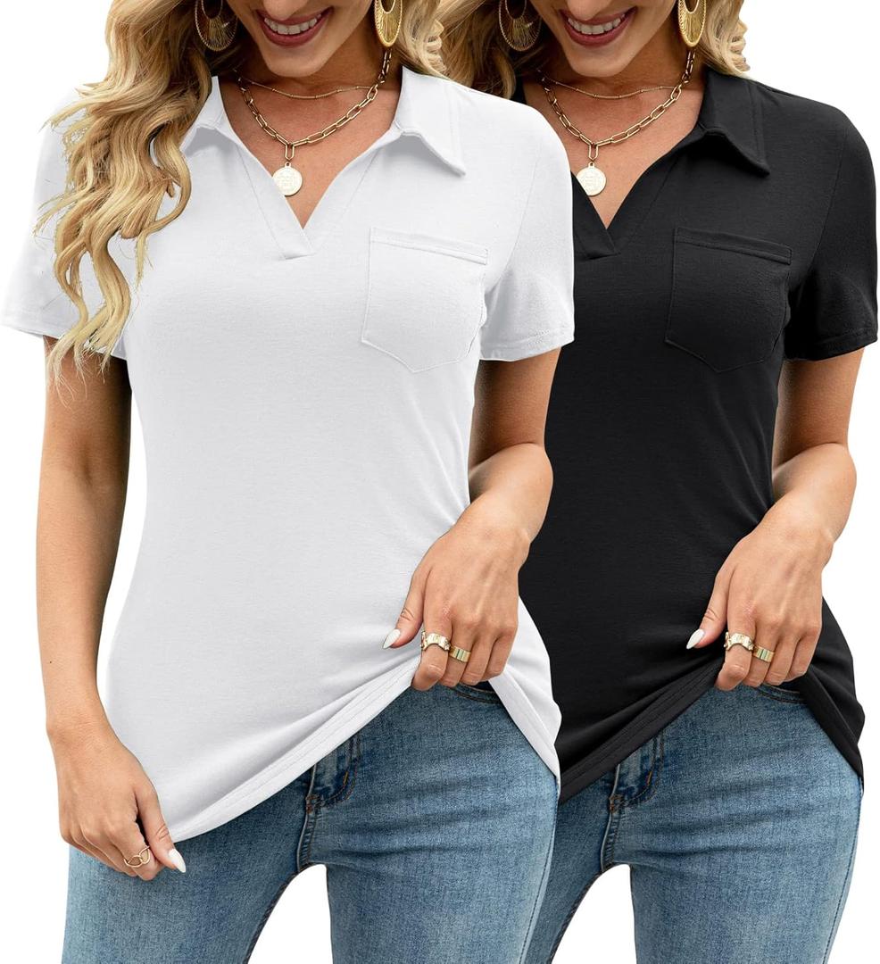 AKEWEI Womens V Neck Polo Shirts Short Sleeve Collared Tops Loose Casual Tunic Blouses with Pocket (Small, Y- Black+white(2 Pack))