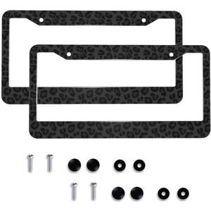 Black Leopard Print License Plate Frame - 2 Pack Cheetah Animal Print License Plate Frames Aluminum Metal Car Tag Cover with 12.3x6.3 Inch 2 Holes Decoration for US Vehicles Standard Women Men Holder
