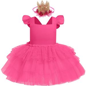 ODASDO Baby Girl First Birthday Cake Smash Outfit Flutter Sleeve Princess Tutu Tulle Romper Dress with Tiara Headband (M)