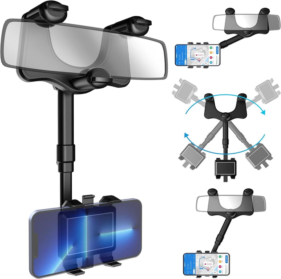 SXhyf Rear View Mirror Phone Holder, 2023 Rotatable and Retractable, Universal Mount, Cell Car Fit for iPhone 11 12 13 14 Pro Max Samsung All Phone