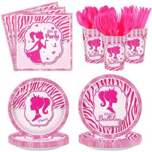 Pink Princess Party Supplies Kit for 24 Guests - 168 Pcs Disposable Tableware Set Includes Plates, Napkins, Cups & Cutlery for Girls Birthday Party Decorations