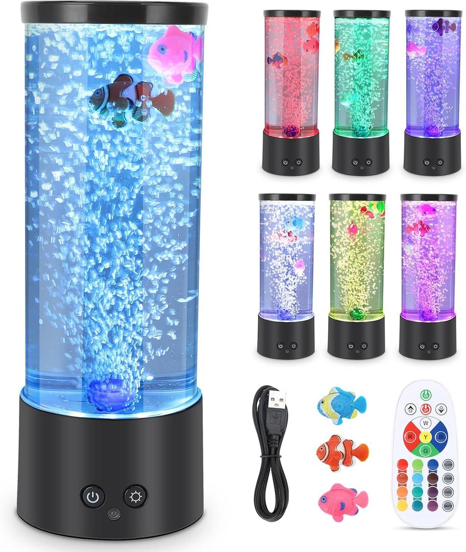 Bubble Fish Lamp Ocean, Fake Fish Tank Aquarium Lamp with 7 Color Changing Table LED Night Light for Adults Kids Home Office Decor Christmas Gifts (with 3 Fishs)