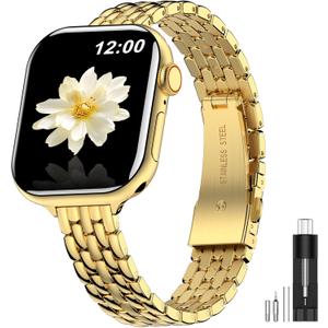 MioHHR Slim Metal Bands Compatible with Apple Watch Band 38mm 40mm 41mm 42mm (Series 10), Thin Chain Stainless Steel Strap Bands for Women iWatch Series 10 9 8 7 6 5 4 SE 3 2 1, Gold