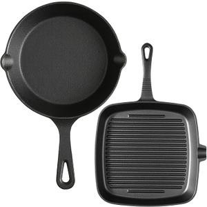 Pre-Seasoned Cast Iron skillets,2 Piece Durable Pots and Pans Set with Handle Covers for Grill, BBQ, Camping Fire, Stovetop, Kitchen and Camping Cookware, Black