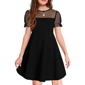 Haloumoning Girls Contrast Mesh Puff Short Sleeve Dress Kids High Waist A Line Casual Dresses with Pockets 4-14 Years