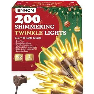 Enhon 2 Pack Twinkle Christmas Lights, Total 50.4FT 48 of 200 Bulbs Twinkle, Waterproof Connectable Random Shimmering Christmas Light, Connect up to 5 Set for Xmas Tree Decor(Gold, Brown Wire)