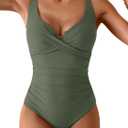 B2prity Women's Underwire One Piece Swimsuit Tummy Control Ruched Bathing Suit Criss Cross V Neck Swimwear (Small, Army Green)